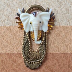 RARE Vintage Handmade Elephant Brooch with Gold and White Details